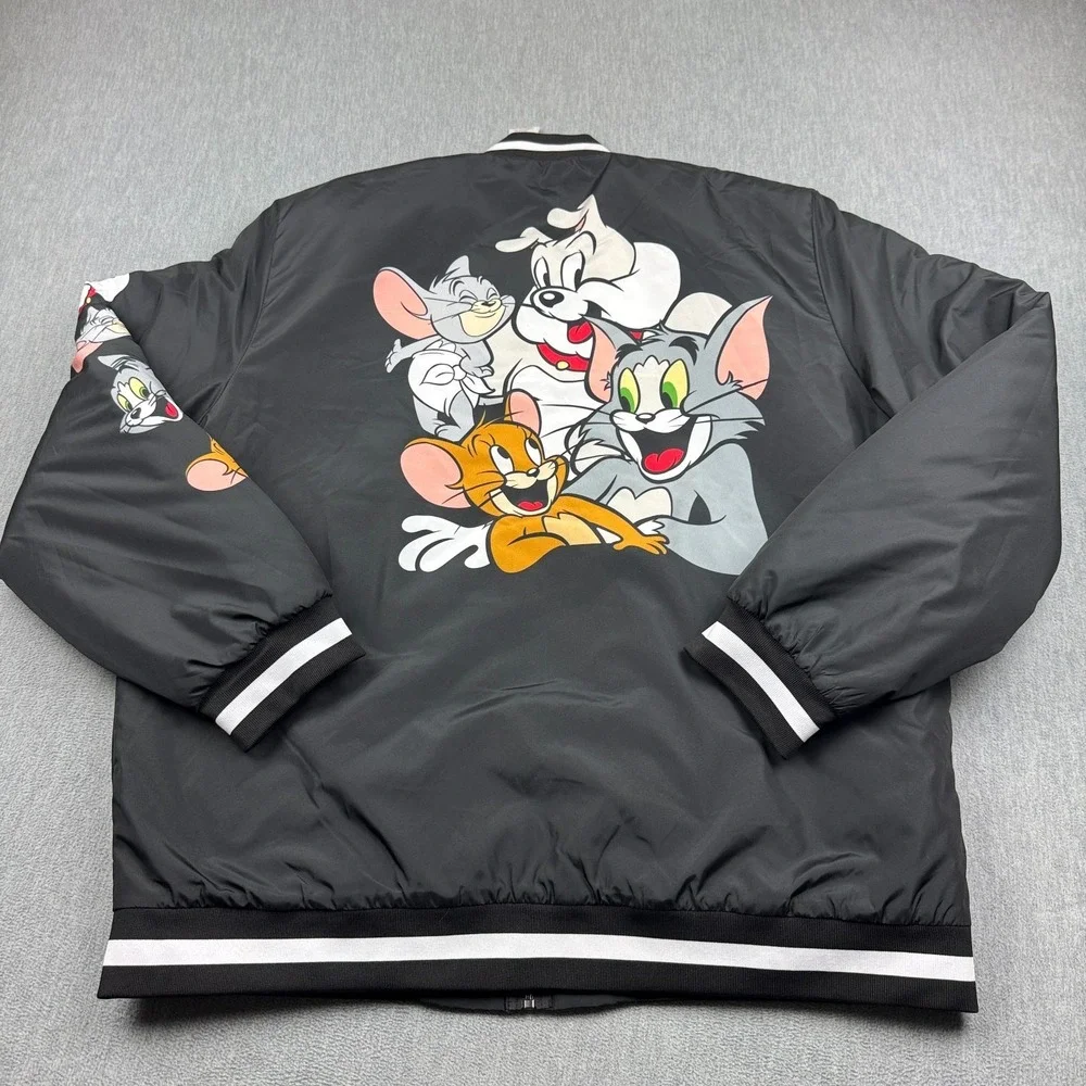 Warner Bros Tom & Jerry Varsity Jacket Mens Large Black Lightweight Graphic Coat